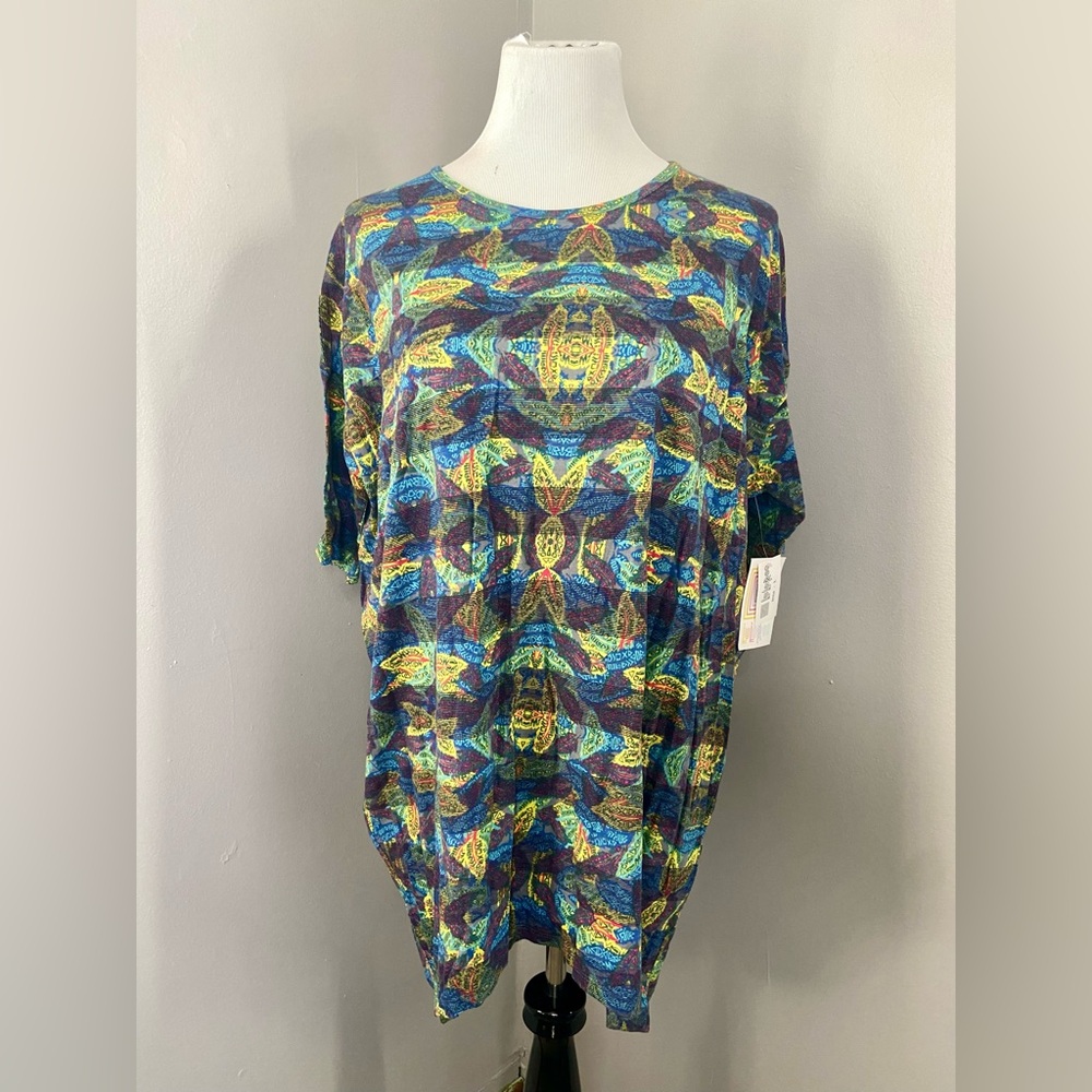 LuLaRoe Irma Tunic Style Top NWT Multicolor Abstract Stripes Blue Yellow Purple